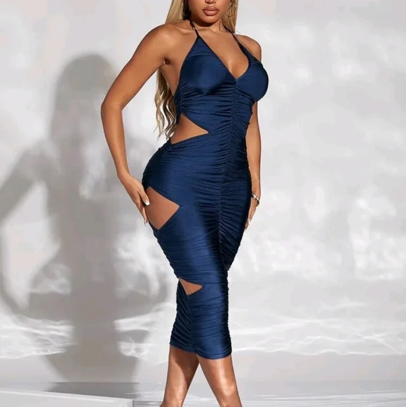blue bodycon halter dress Bodycon Party Wear Maxi Dress in Navy Blue